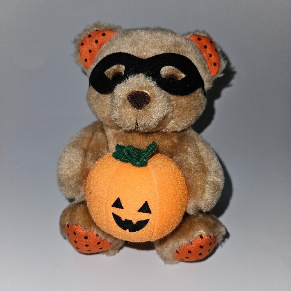 VTG Russ Halloween Plush 5" Masked Teddy Bear Holding Jack-O-Lantern Pumpkin
